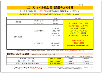 エンジンオイル料金変更のお知らせ